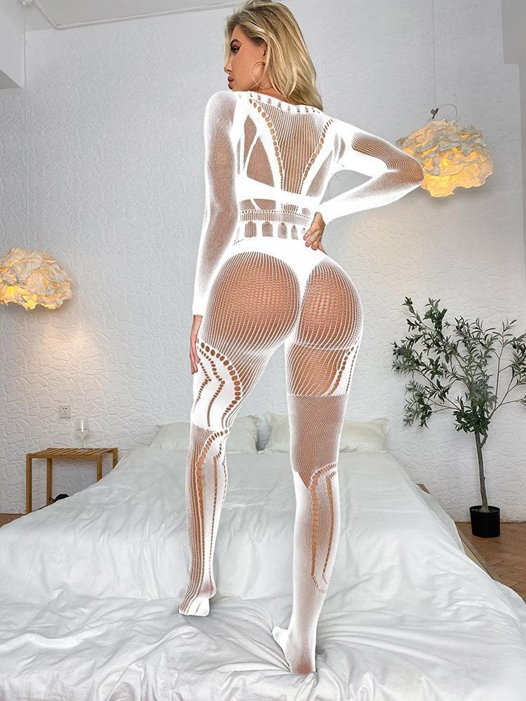 Long sleeve fishnet hollow out solid bodystocking  | Festival Outfits Women