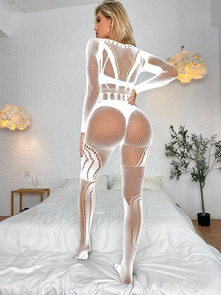 Long sleeve fishnet hollow out solid bodystocking  | Festival Outfits Women