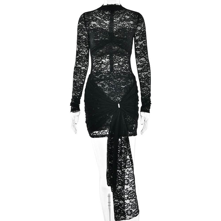 Crewneck long sleeve lace o ring ruched mini dress  | Festival Outfits Women