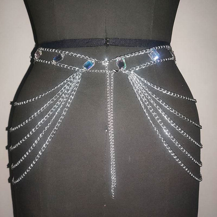 Halter crystal hollow out metal chain waist chain set  | Festival Outfits Women