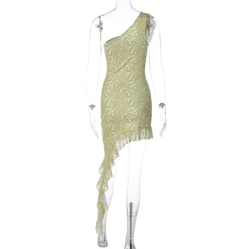 Mesh ripple contrast one shoulder irregular ruffle midi dress-final-sale  | Festival Outfits Women
