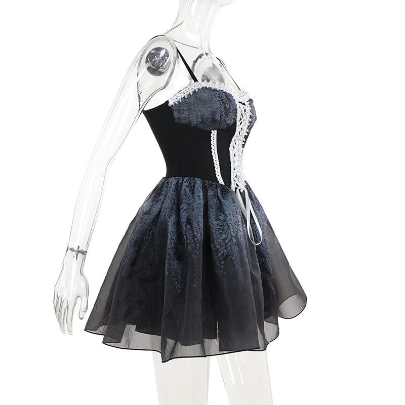 Riga mai laushi da aka yi da lace hem sweetheart, mai lace up print ruched cami mini dress | Kayan Biki na Mata