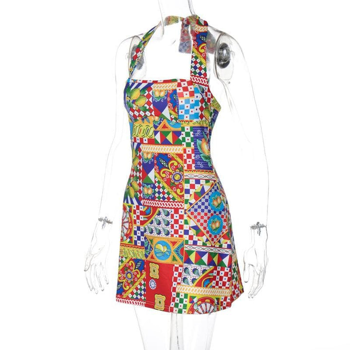 Halter print contrast knotted mini dress  | Festival Outfits Women