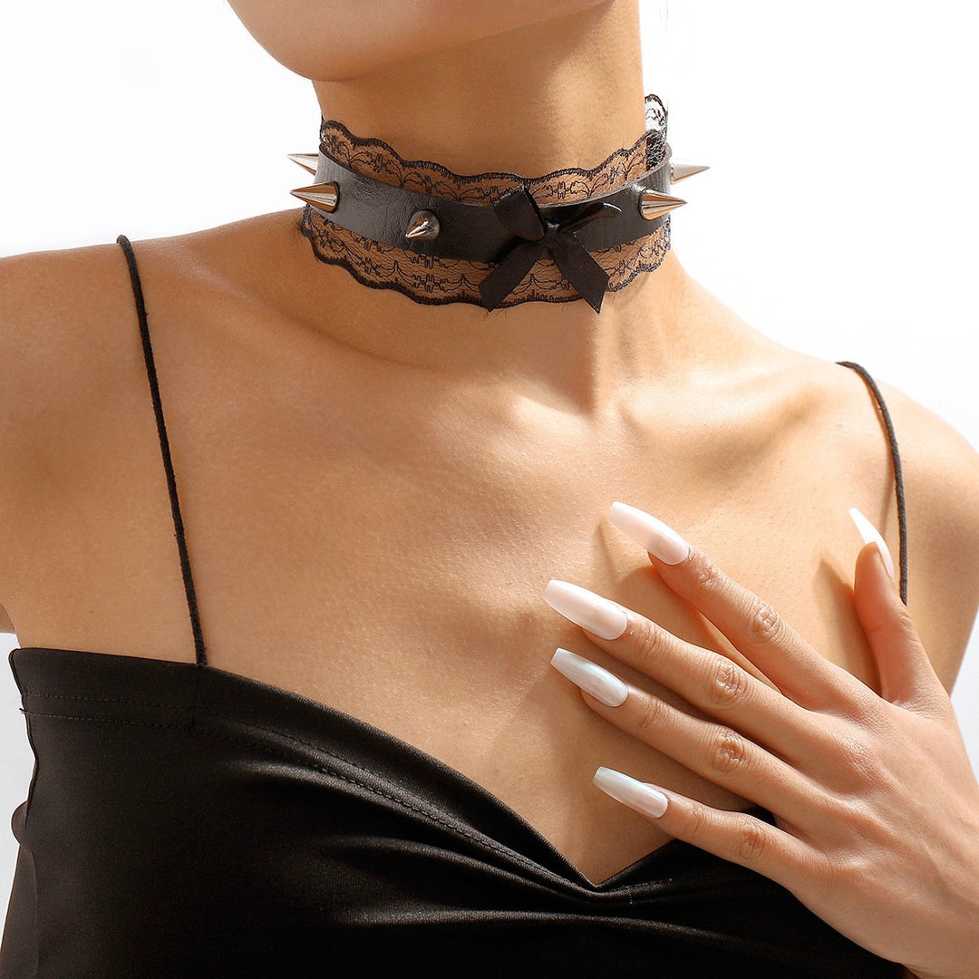 PU leather lace hem bowknot rivet decor chocker  | Festival Outfits Women