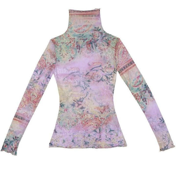 High neck long sleeve print ruffle contrast top  | Festival Outfits Women