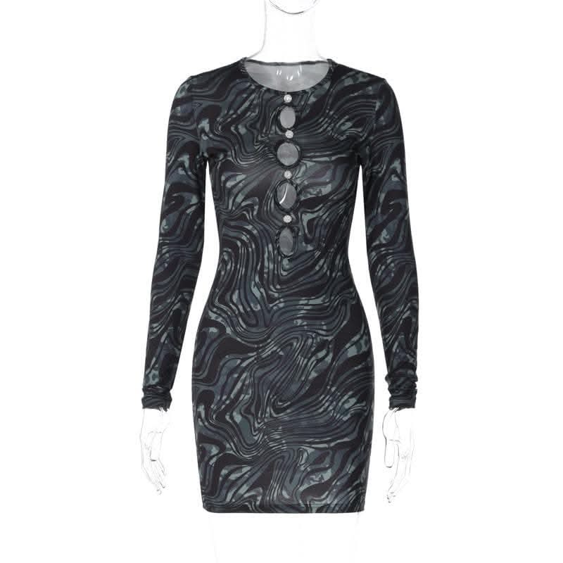 Ripple contrast long sleeve hollow out crewneck cut out mini dress-final-sale  | Festival Outfits Women