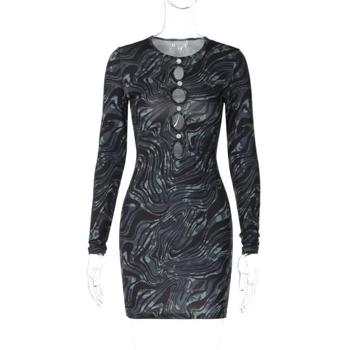 Ripple contrast long sleeve hollow out crewneck cut out mini dress-final-sale  | Festival Outfits Women