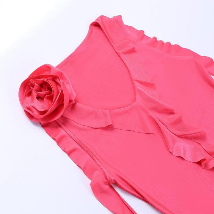 Sleeveless v neck ruffle flower applique ribbon mini dress-final-sale  | Festival Outfits Women