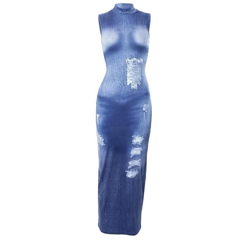 Denim print sleeveless contrast high neck maxi dress-final-sale  | Festival Outfits Women