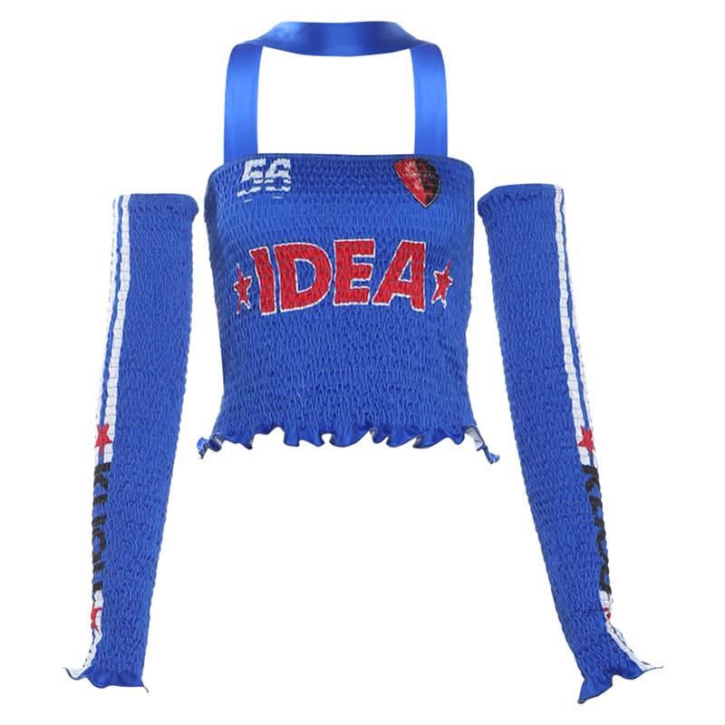 Halter gloves smocked ruffle letter print tube top-final-sale