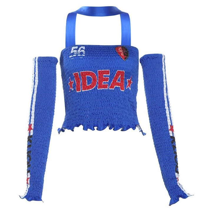 Halter gloves smocked ruffle letter print tube top-final-sale