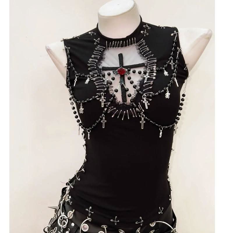 Crewneck beaded flower applique mesh top  | Festival Outfits Women