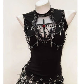 Crewneck beaded flower applique mesh top  | Festival Outfits Women