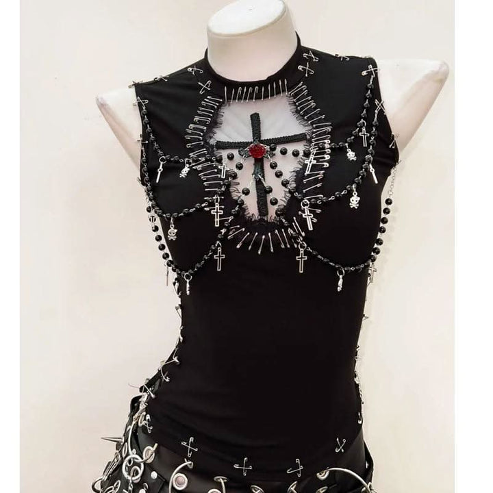 Crewneck beaded flower applique mesh top  | Festival Outfits Women