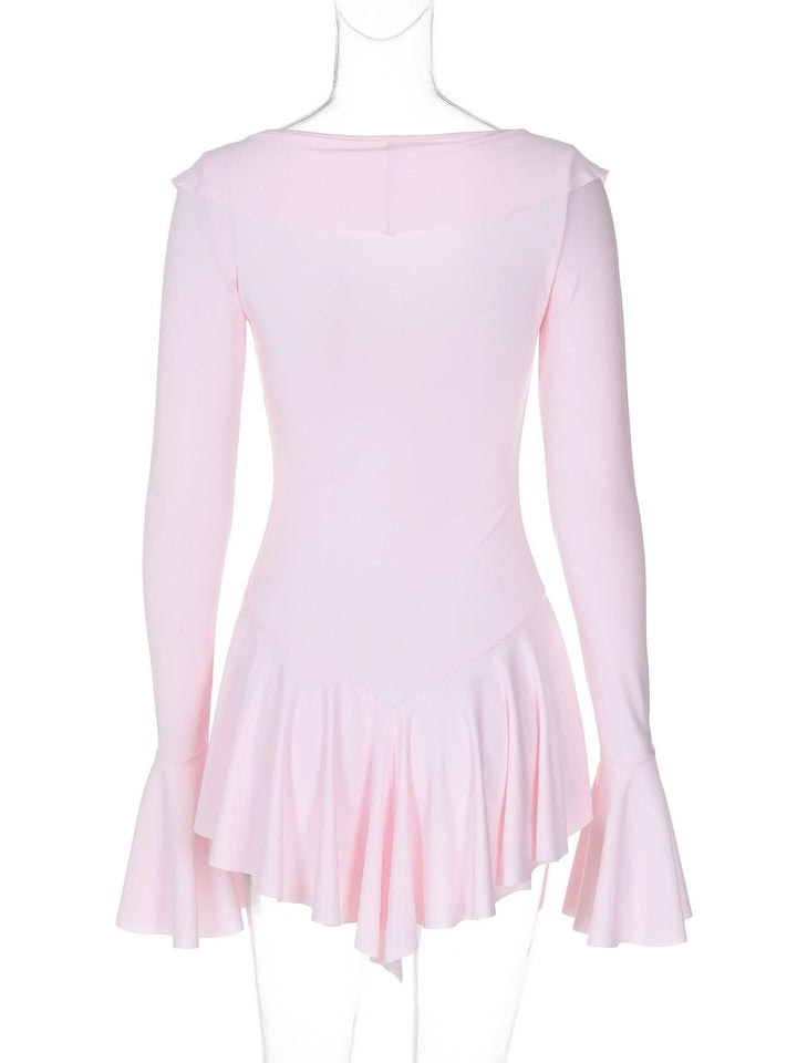 V neck long flared sleeve self tie ruffle mini dress  | Festival Outfits Women