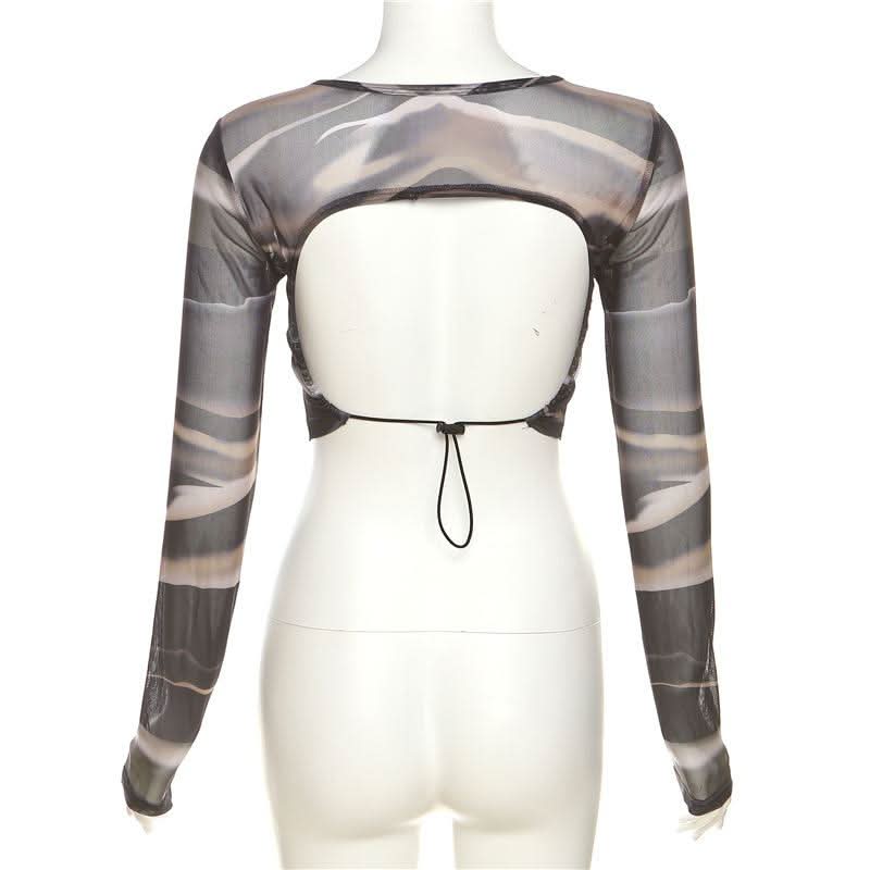 Long sleeve crewneck mesh backless crop top | Mesh Long Sleeve Crop Top  | Festival Outfits Women