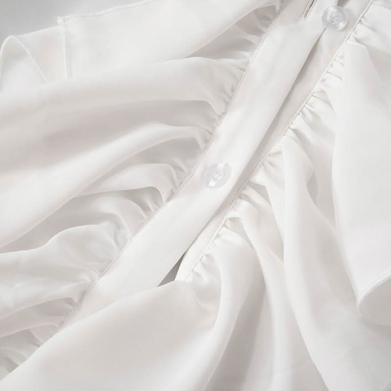 Long flared sleeve ruched ruffle button solid top-final-sale  | Festival Outfits Women