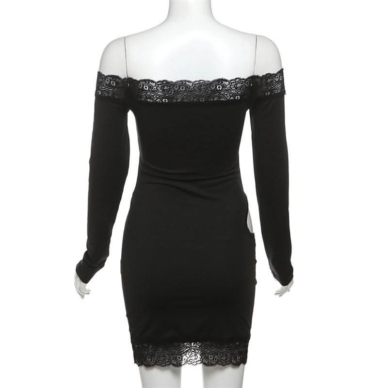 Long sleeve off shoulder lace hem hollow out cut out mini dress-final-sale  | Festival Outfits Women