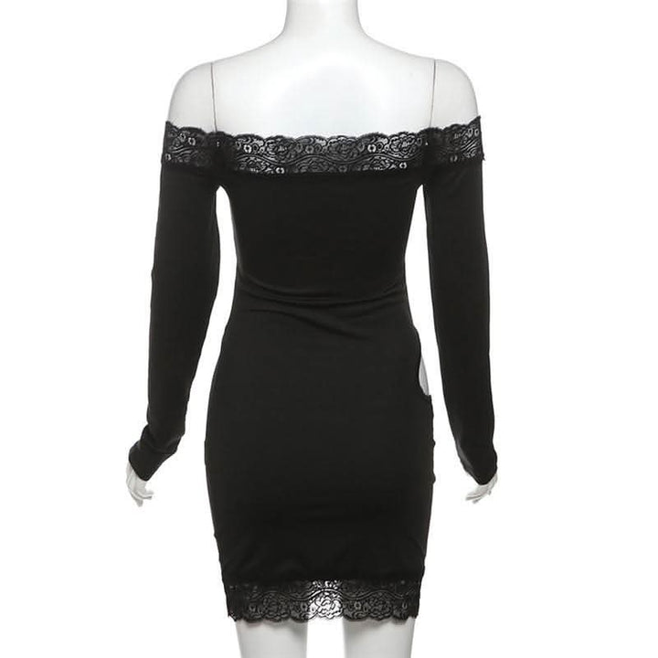 Long sleeve off shoulder lace hem hollow out cut out mini dress-final-sale  | Festival Outfits Women