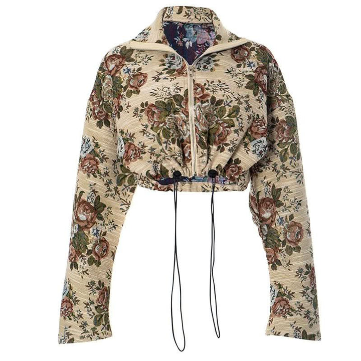 Zip-up long sleeve drawstring flower print top  | Festival Outfits Women