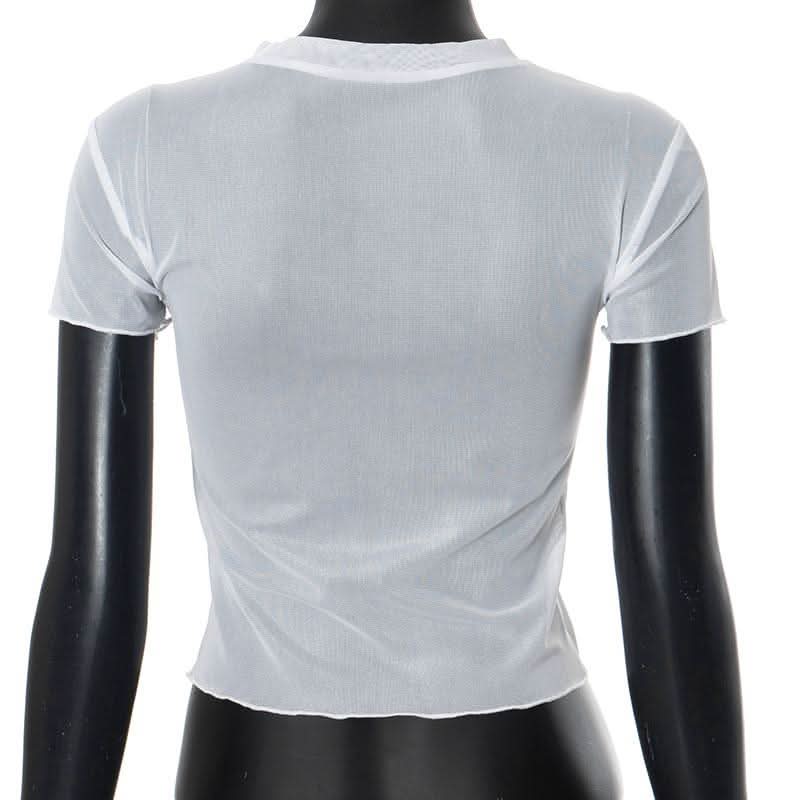 Short sleeve crewneck sheer mesh letter print crop top-final-sale
