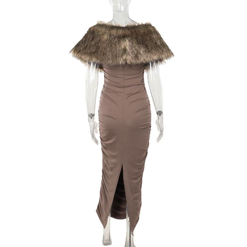 Ruched fluffy shrug slit cami maxi dress  | Festival Outfits Women-final-sale