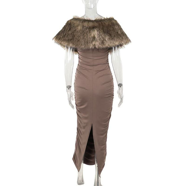 Ruched fluffy shrug slit cami maxi dress  | Festival Outfits Women-final-sale