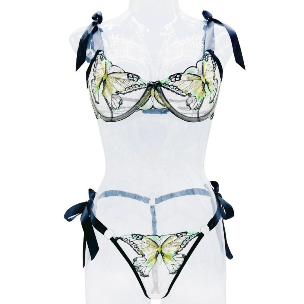 Sweetheart neck butterfly embroidery lingerie set  | Festival Outfits Women