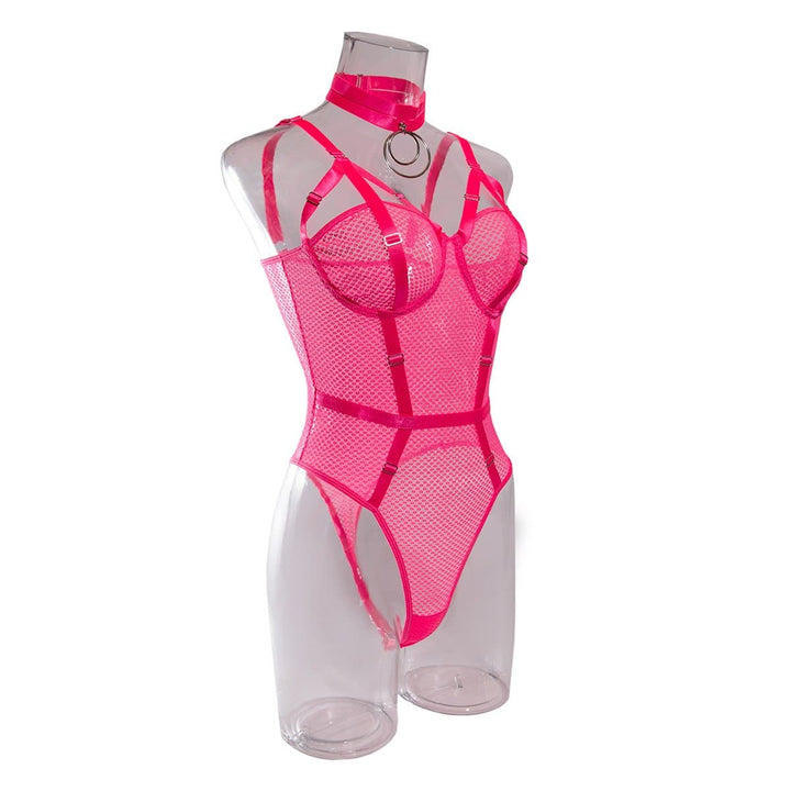 Halter strappy o ring fishnet bodysuit with choker  | Festival Outfits Women