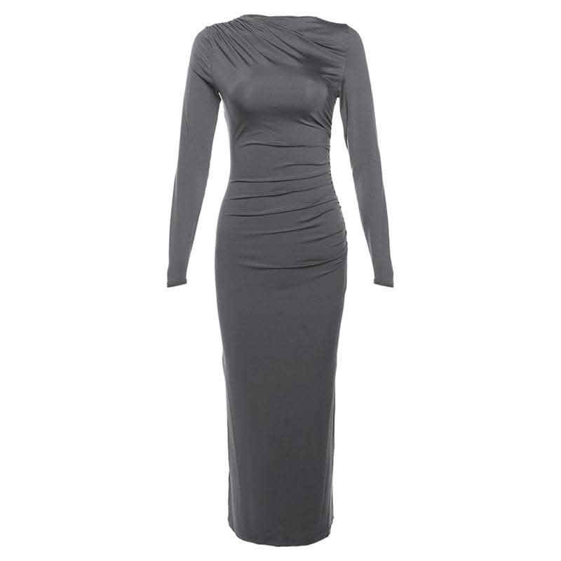 Ruched solid long sleeve zip-up maxi dress-final-sale  | Festival Outfits Women