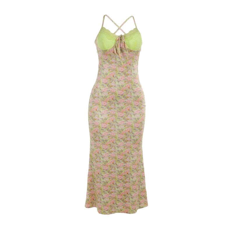 Sweetheart neck lace flower print knotted cami maxi dress  | Festival Outfits Women
