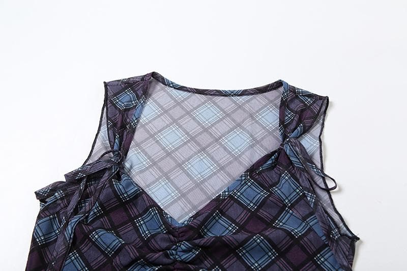 V neck plaid print bowknot crop top  | Festival Outfits Women