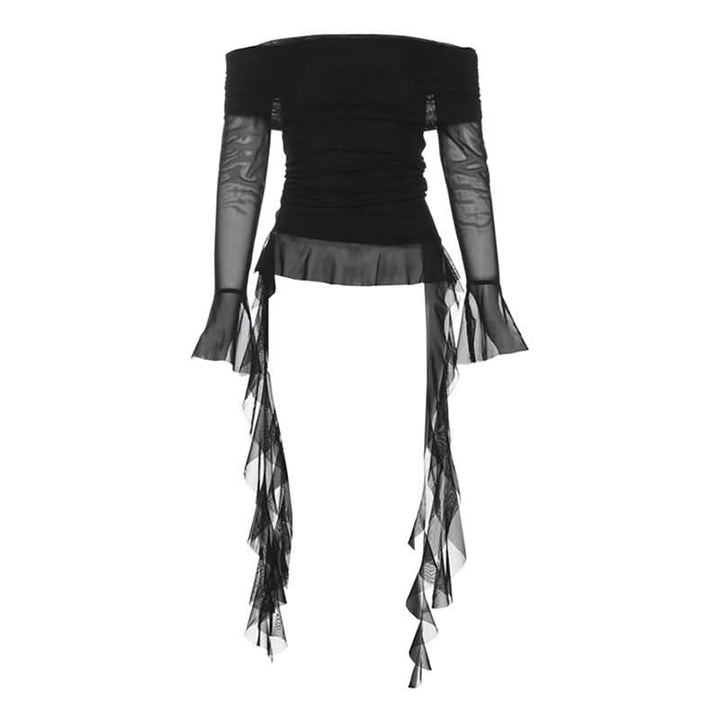 Long flared sleeve off shoulder mesh ruffle solid top  | Festival Outfits Women