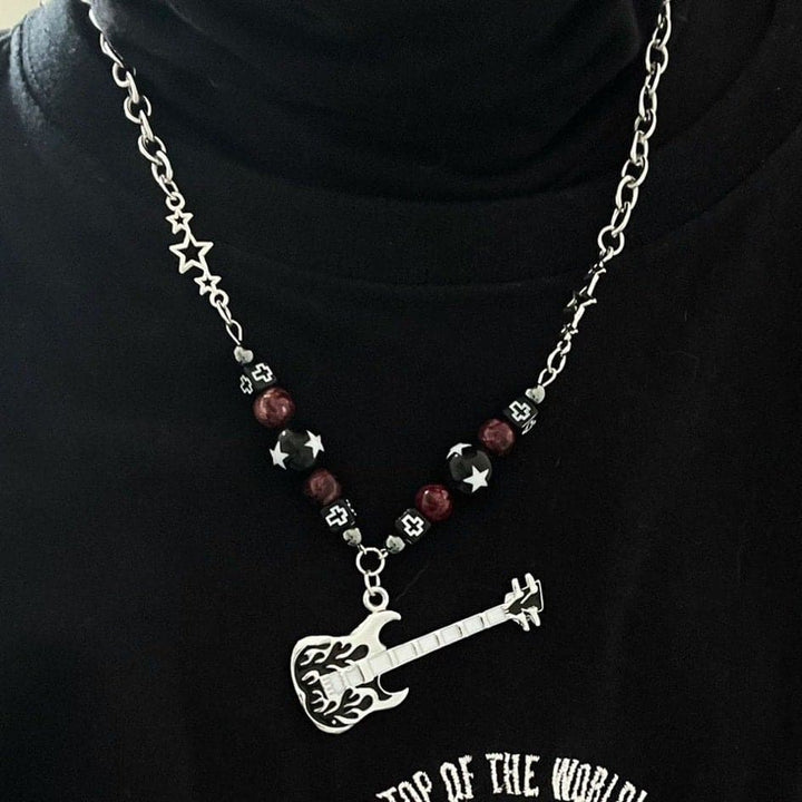 Guitar pendant metal chain beaded necklace  | Festival Outfits Women
