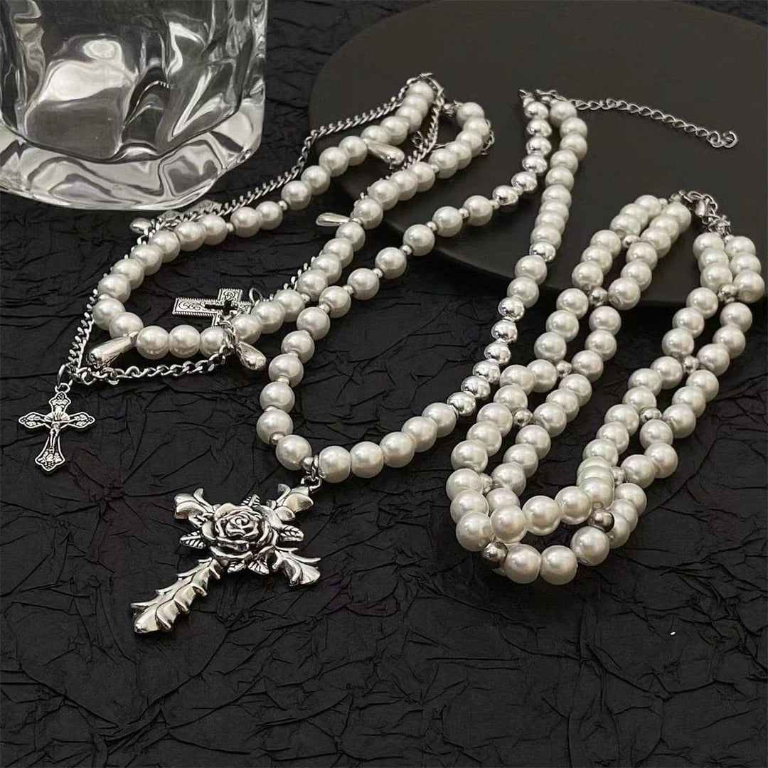 Faux pearl cross rose 3 pcs necklace  | Festival Outfits Women