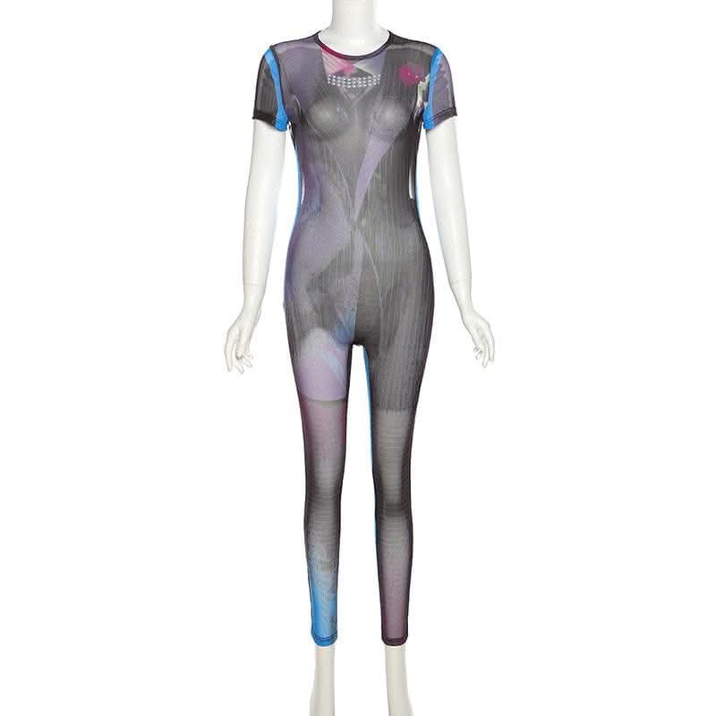 Sheer mesh see through contrast short sleeve self tie backless jumpsuit-final-sale  | Festival Outfits Women