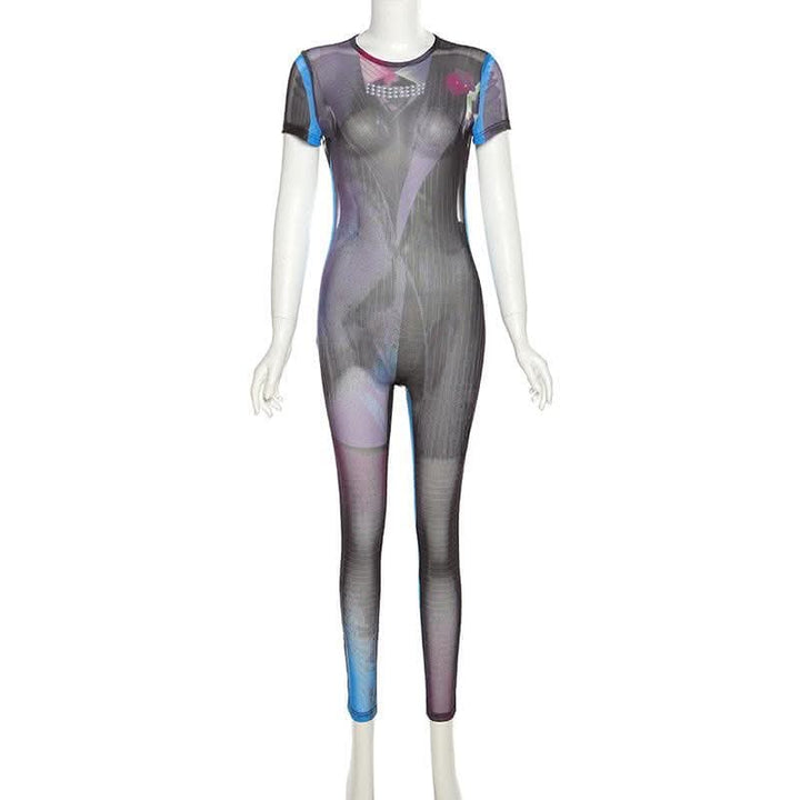 Sheer mesh see through contrast short sleeve self tie backless jumpsuit-final-sale  | Festival Outfits Women