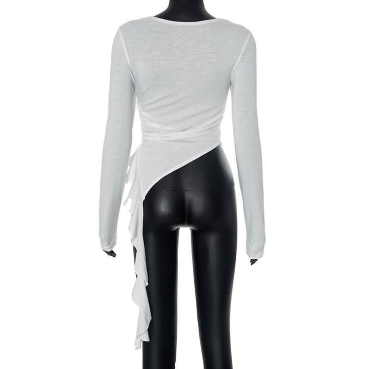 Long sleeve ruched irregular ruffle crewneck top-final-sale