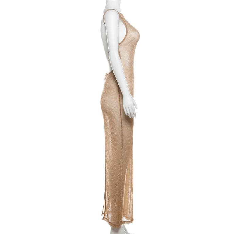 Glitter backless mesh slit maxi dress  | Festival Outfits Women