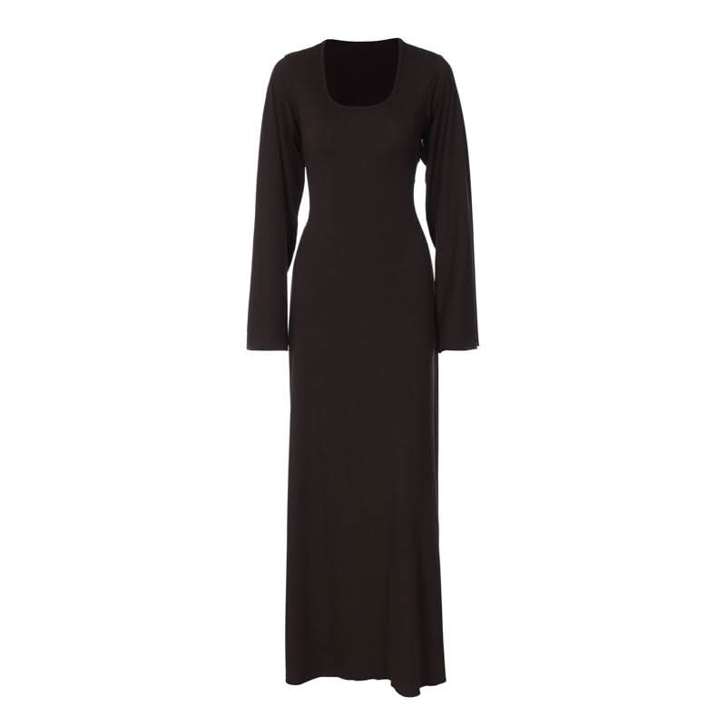 Long sleeve u neck ribbed solid maxi dress  | Festival Outfits Women