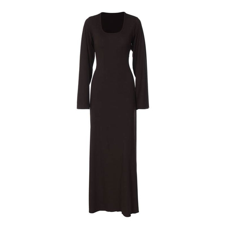 Long sleeve u neck ribbed solid maxi dress  | Festival Outfits Women