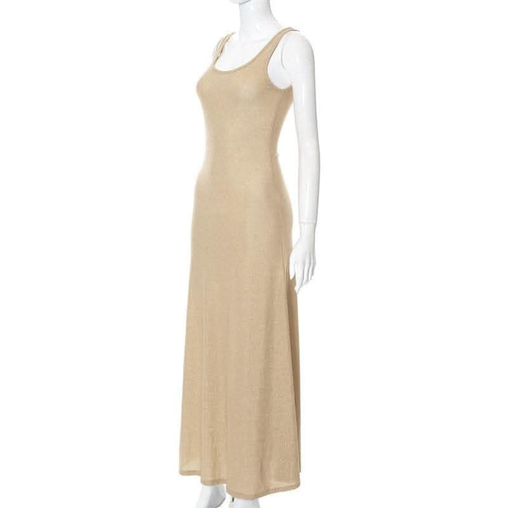 Textured solid sleeveless ruffle u neck maxi dress-final-sale  | Festival Outfits Women