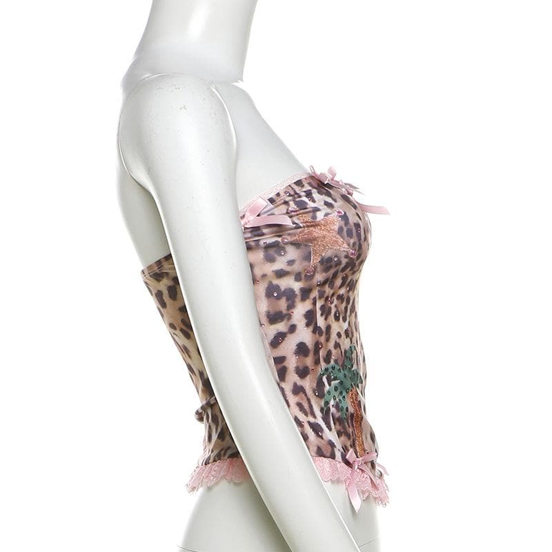 Bowknot leopard print lace hem backless tube top  | Festival Outfits Women  | Cheetah Print Top
