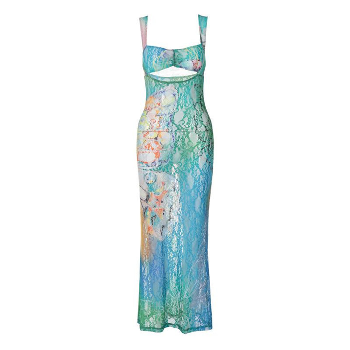 Hollow out butterfly pattern lace tie dye cut out maxi dress  | Festival Outfits Women