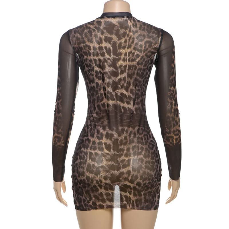 Crewneck long sleeve leopard print mesh mini dress  | Festival Outfits Women  | Leopard Print Mini Dress