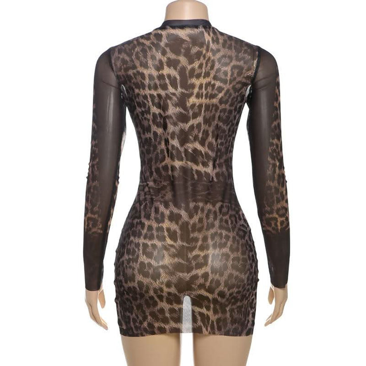 Crewneck long sleeve leopard print mesh mini dress  | Festival Outfits Women  | Leopard Print Mini Dress