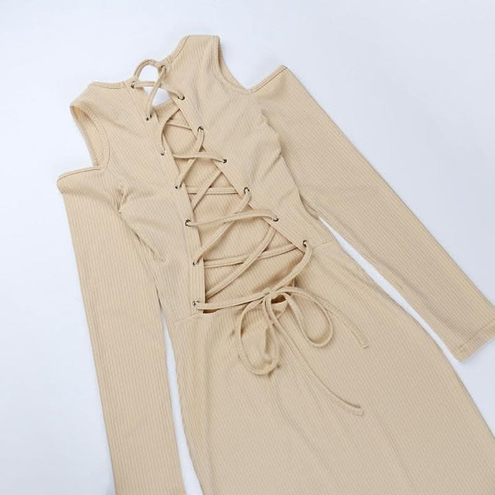Long sleeve solid hollow out lace up self tie cut out mini dress-final-sale  | Festival Outfits Women