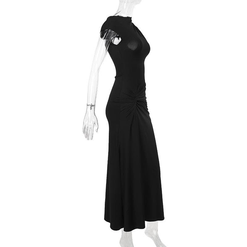Short sleeve ruched self tie high slit maxi dress  | Festival Outfits Women