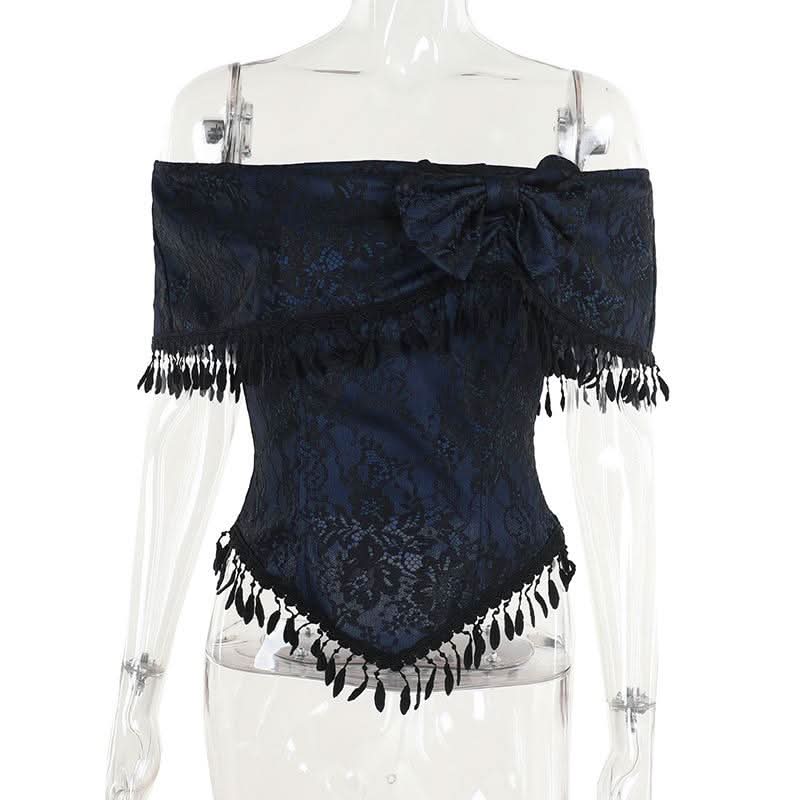 Off shoulder bowknot tassels lace top  | Festival Outfits Women