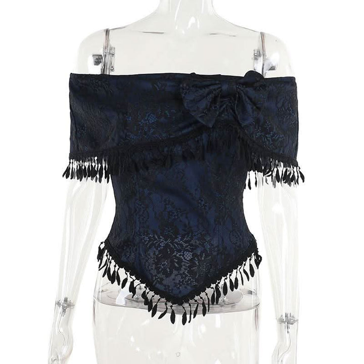 Off shoulder bowknot tassels lace top  | Festival Outfits Women